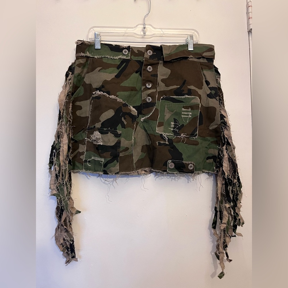 Camo Mini Skirt with Distressed Fringe Detailing